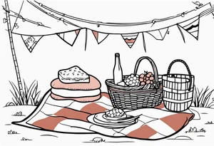 picnic scene with a sheckers blanket, basket, pillows and party pennants. Thin lines. tattoo idea