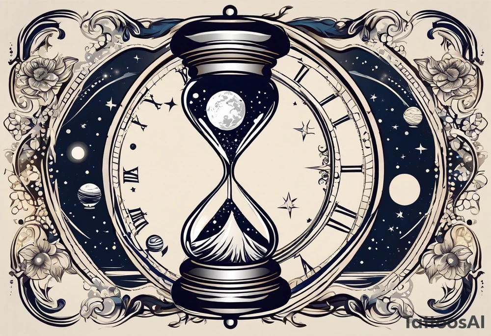 Mix an hourglass with a nautical clock with the addition of planets, galaxies to give a design to print on a t-shirt, the design should be in one color in the form of a tattoo and all the shapes should be mixed to give one shape tattoo for all arms. vectore file for ullustrator tattoo idea