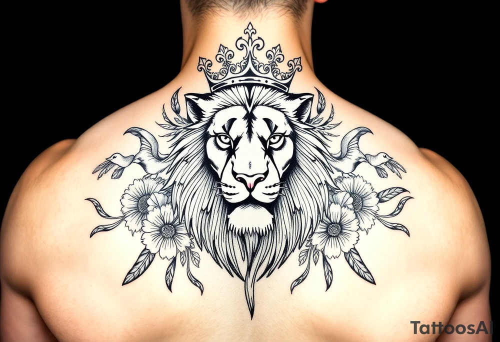 powerful majestic lion with a crown, surrounded by floral ornaments and birds tattoo idea
