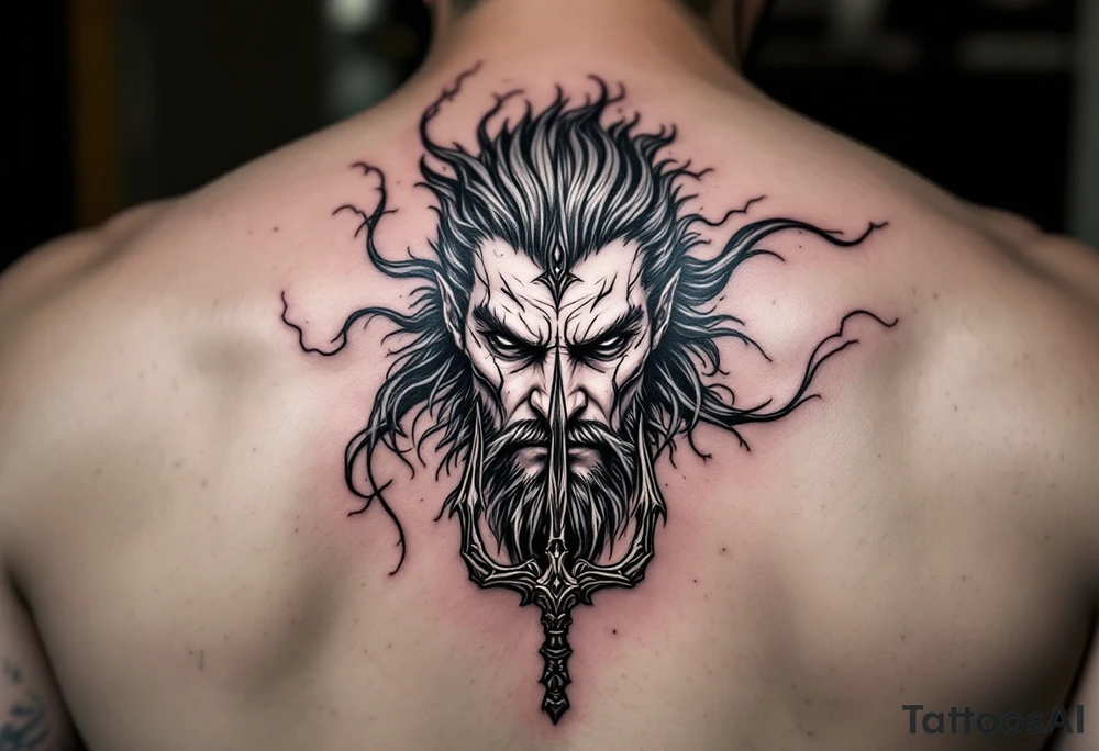 close-up gentle poseidon behind a trident tattoo idea