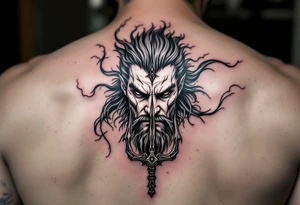 close-up gentle poseidon behind a trident tattoo idea
