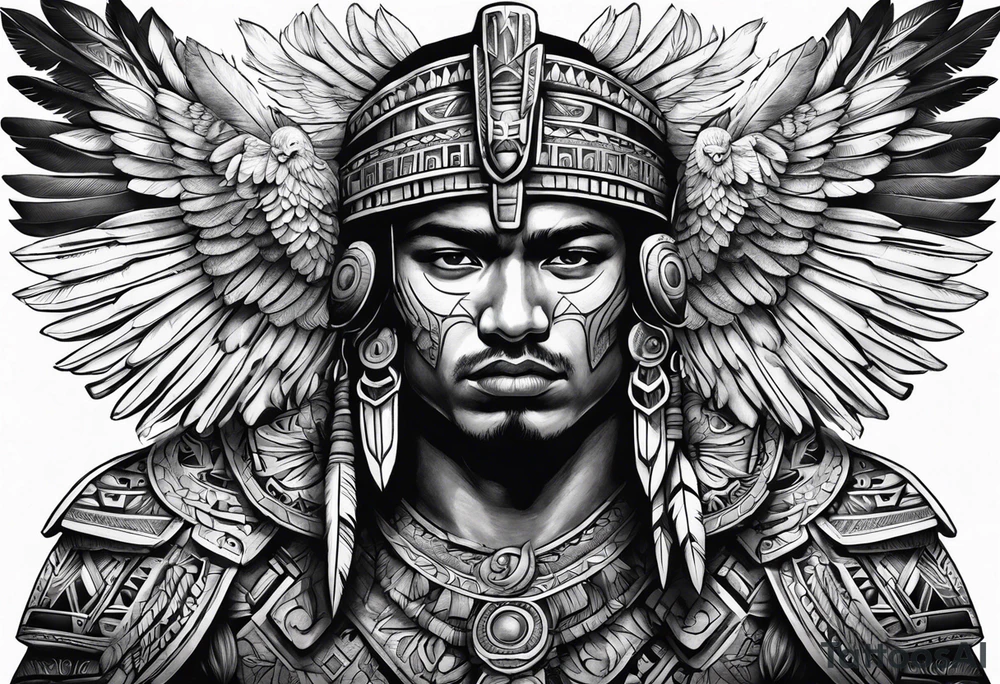 aztec warrior 
, with mexican roots and with eagle or exotic birds in the background with angel wings tattoo idea