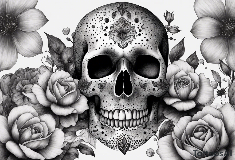 Flowers, potions, small skull, big flowers small snack with dot work in between tattoo idea