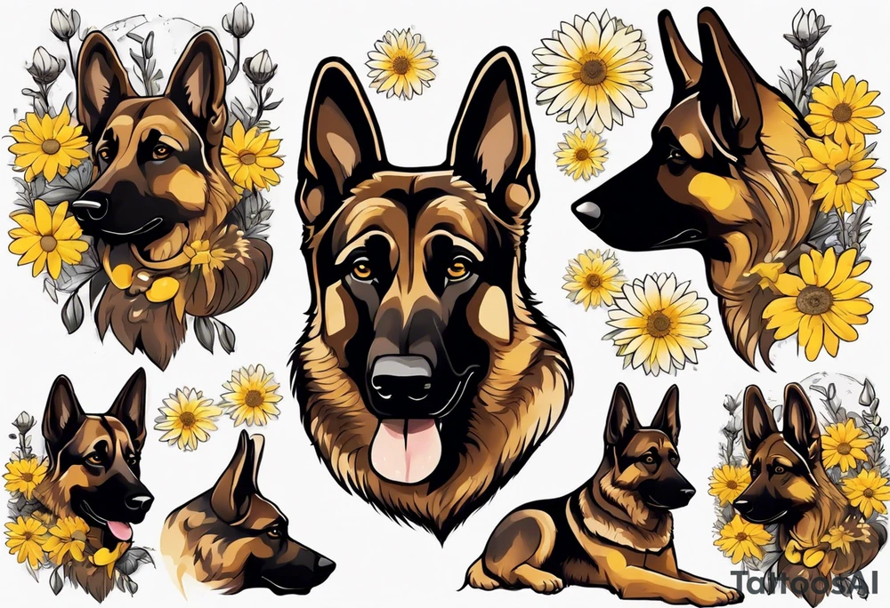 Dark Brown German shepherd portrait surrounded by yellow daisies tattoo idea