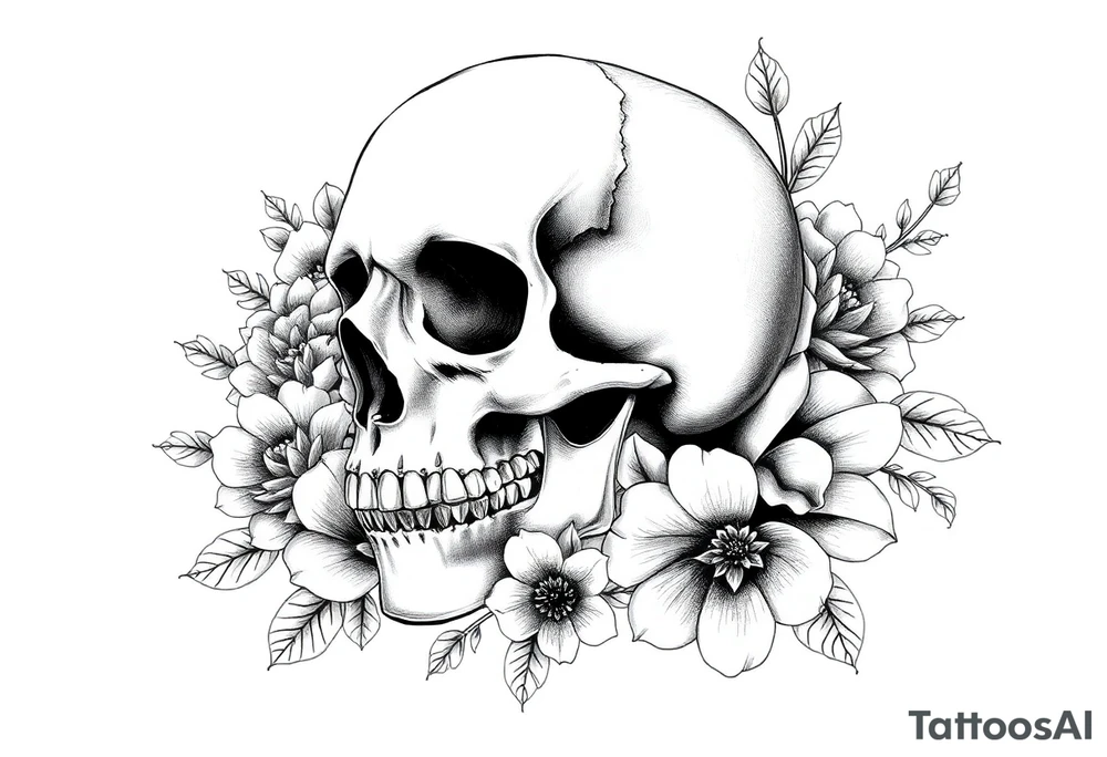 skull slightly facing left, surrounded by floral ornaments tattoo idea skull slightly facing left, surrounded by floral ornaments tattoo idea