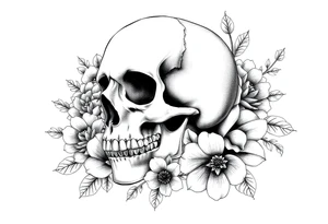 skull slightly facing left, surrounded by floral ornaments tattoo idea