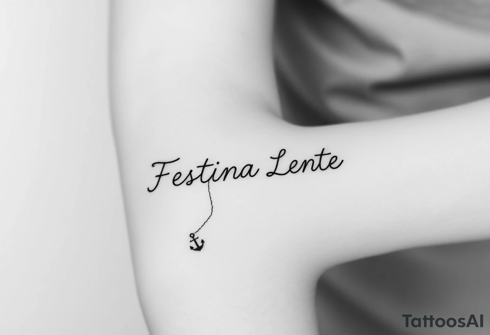 A small, minimal conceptual tattoo for the inner arm.
The phrase “Festina Lente” is not written traditionally; instead, the entire text is formed subtly from a single thin rope.
At the lower end of the rope, a small anchor is attached and appears embedded into the skin, symbolizing patience and stability.
At the opposite end, the rope is being pulled by a very small, minimal, symbolic devil silhouette representing haste.
The rope naturally twists and curves to form the letters of “Festina Lente”, so that at first glance it looks like an abstract rope composition, but upon closer inspection the text becomes readable.
Highly refined, modern calligraphic flow created by the rope itself, elegant and understated.
Black ink only, ultra-fine line work, minimal shading, strong use of negative space, contemporary 2026 tattoo style.
No traditional tattoo elements, no bold outlines, no old-school style, no decorative ornaments.
Clean, intelligent, subtle storytelling tattoo suitable for a small inner-arm placement. tattoo idea