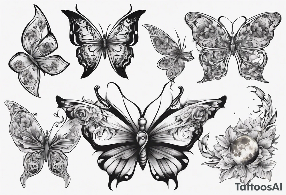 Butterfly wrap tattoos with moon and floral theme tattoo idea