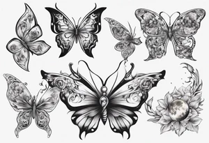Butterfly wrap tattoos with moon and floral theme tattoo idea