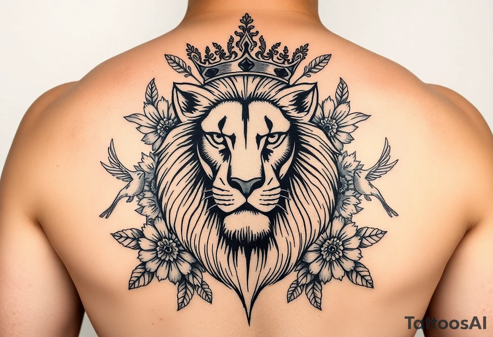 powerful majestic lion with a crown, surrounded by floral ornaments and birds tattoo idea