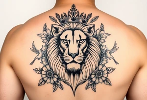 powerful majestic lion with a crown, surrounded by floral ornaments and birds tattoo idea