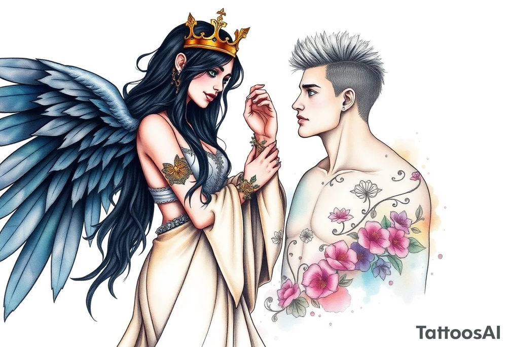 A Scorpio gypsy woman with wings like an angel and long black hair and green eyes placing a kings crown on a tall man with grey short spiked hair and blue eyes. She is wearing a long flowing dress tattoo idea