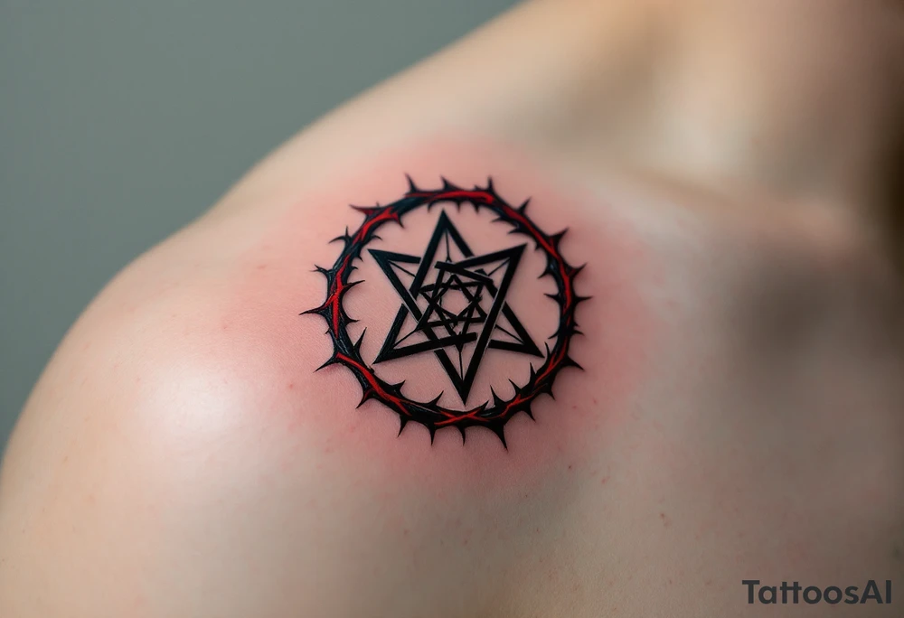 A black protective sigil on parchment-toned skin, encased in a circle of red thorns. tattoo idea