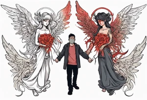 Demon holding an angel around her waist with her halo in his hands. He has angel wings, she has demon wings. tattoo idea