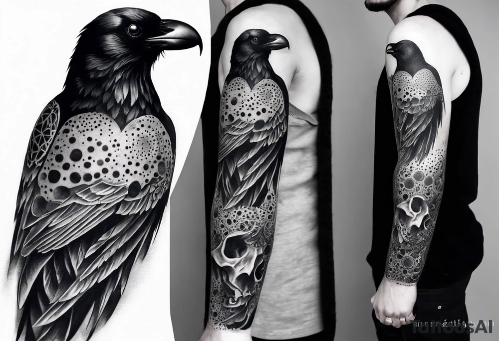 Full sleeve with a big raven standing on top of skulls , very dark tattoo idea