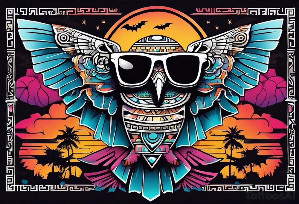 Colorful ancient Mayan hieroglyph made of stone wearing sunglasses reflecting Chichen itza and bats. tattoo idea