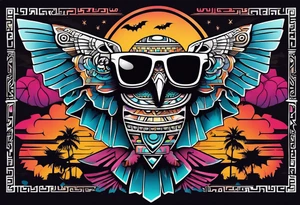 Colorful ancient Mayan hieroglyph made of stone wearing sunglasses reflecting Chichen itza and bats. tattoo idea