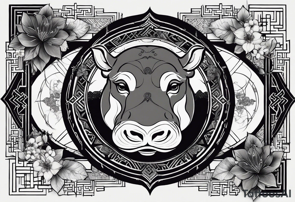 Very asymmetrical, +geometric pattern, with realistic full moon, with seeious looking hippo, +zen feel, + Buddhism touch, +tribal, +geometric, +chinese ink art 
with wintersweet flower bud, +portrait orientation, +inkart touch, tattoo idea