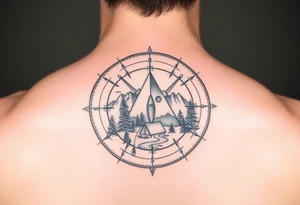 Open compass, bottom half with mountains, trees, stream, and tent. The S of the compass should be a fishing lure tattoo idea
