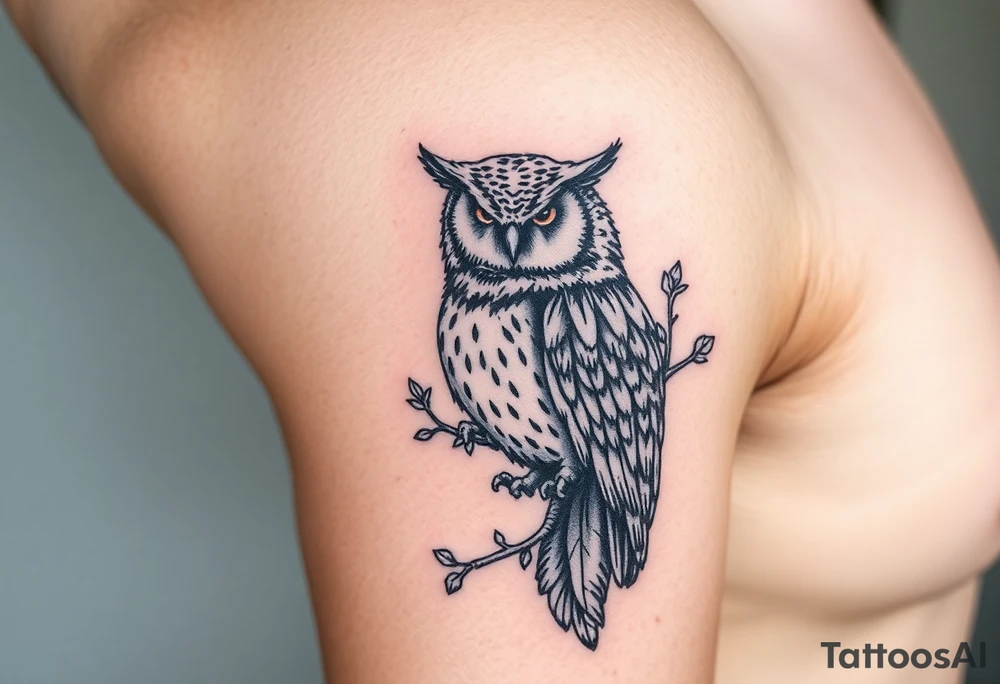 wise owl  with vine crawling and wrapping around the owl to where you can only see owls one eye peeking through tattoo idea