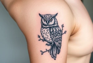 wise owl  with vine crawling and wrapping around the owl to where you can only see owls one eye peeking through tattoo idea