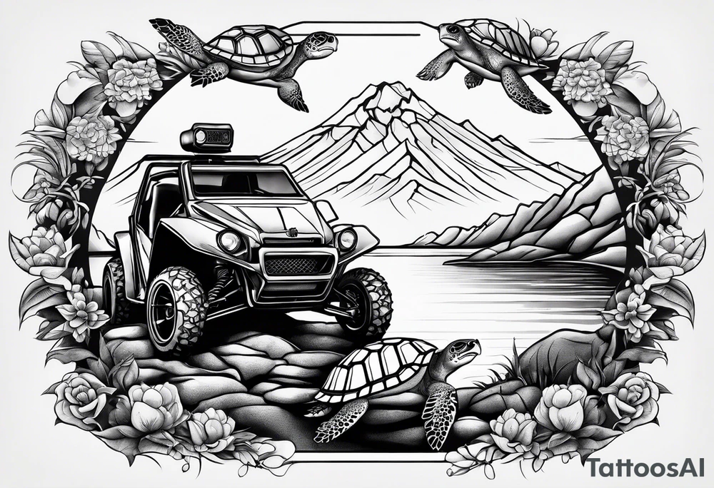 For forearm Mountains, Honda three wheeler, four turtles watching from the path tattoo idea