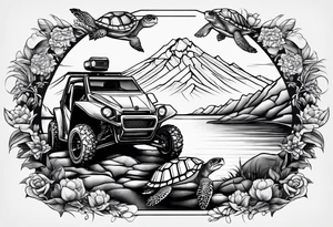 For forearm Mountains, Honda three wheeler, four turtles watching from the path tattoo idea