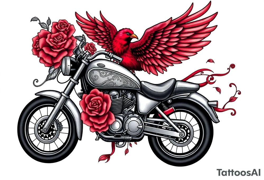 Motorcycle, red bird flying, roses and lace, flames tattoo idea