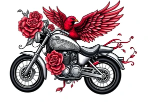 Motorcycle, red bird flying, roses and lace, flames tattoo idea