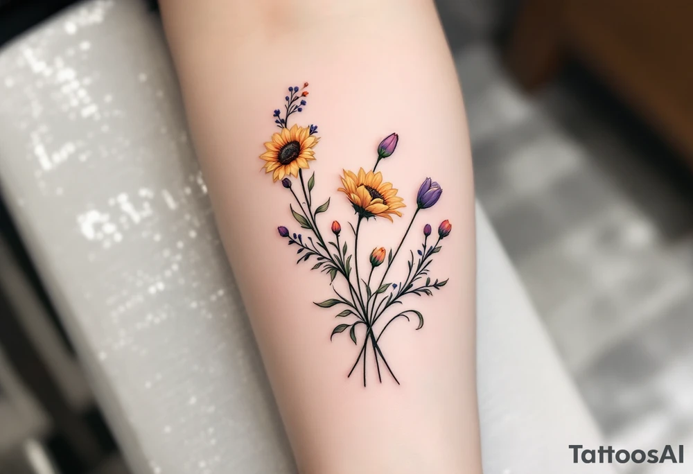 Dainty Stargazer lillies with small sunflowers and tulip buds in a dainty wildflower bouquet with stems tattoo idea