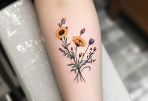 Dainty Stargazer lillies with small sunflowers and tulip buds in a dainty wildflower bouquet with stems tattoo idea