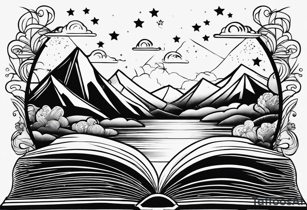 Open book with stars and mountains in a small minimalistic design. Incorporate sushi subtly tattoo idea