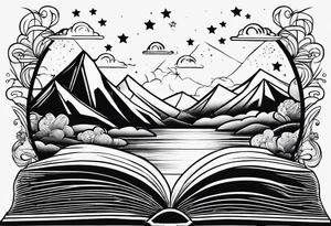 Open book with stars and mountains in a small minimalistic design. Incorporate sushi subtly tattoo idea