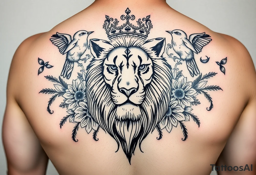 powerful majestic lion with a crown, surrounded by floral ornaments and birds tattoo idea