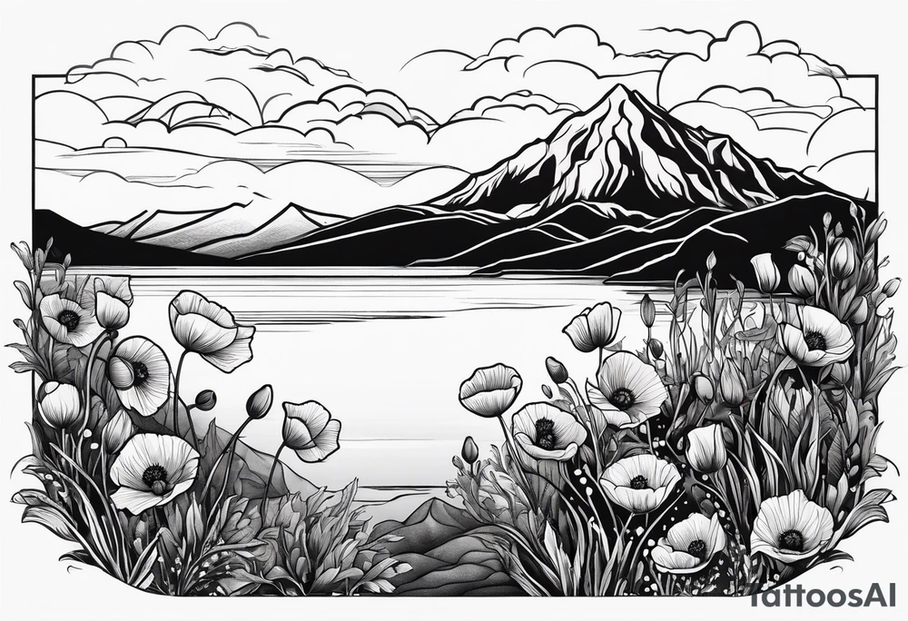 small poppy flower with mountains above it and the ocean below it tattoo idea