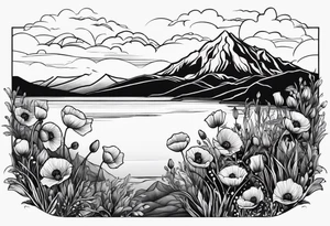 small poppy flower with mountains above it and the ocean below it tattoo idea