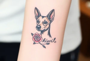 Cute female  hound dog mix Brindle dog with the name kiwi . And a tiny rose around her . With her ears pointy a little big tattoo idea