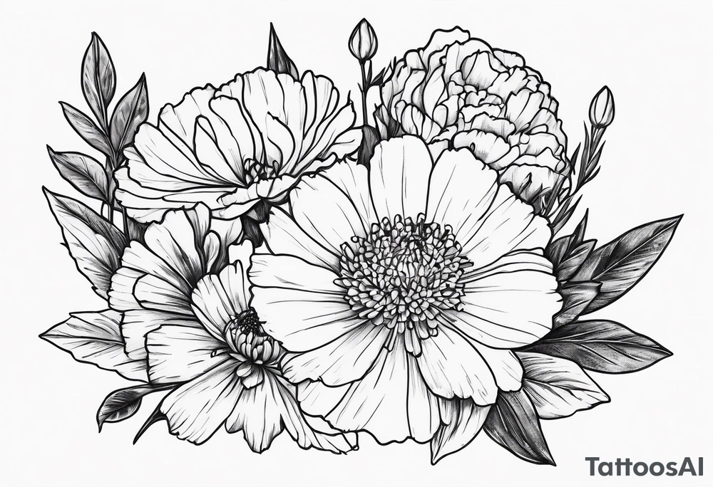 Carnation aster and violet blossom flat lay tattoo idea Carnation aster and violet blossom flat lay tattoo idea