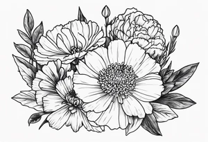 Carnation aster and violet blossom flat lay tattoo idea
