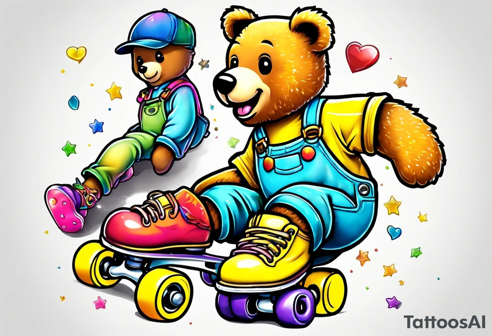 A rollerskating teddy bear in yellow overalls and rainbow skates tattoo idea