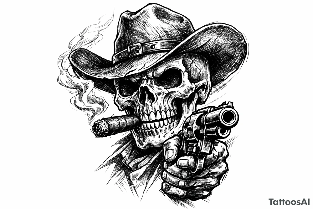 skull with cowboy-hat,a big cigar in his mouth and a gun in a hand. tattoo idea