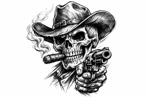 skull with cowboy-hat,a big cigar in his mouth and a gun in a hand. tattoo idea