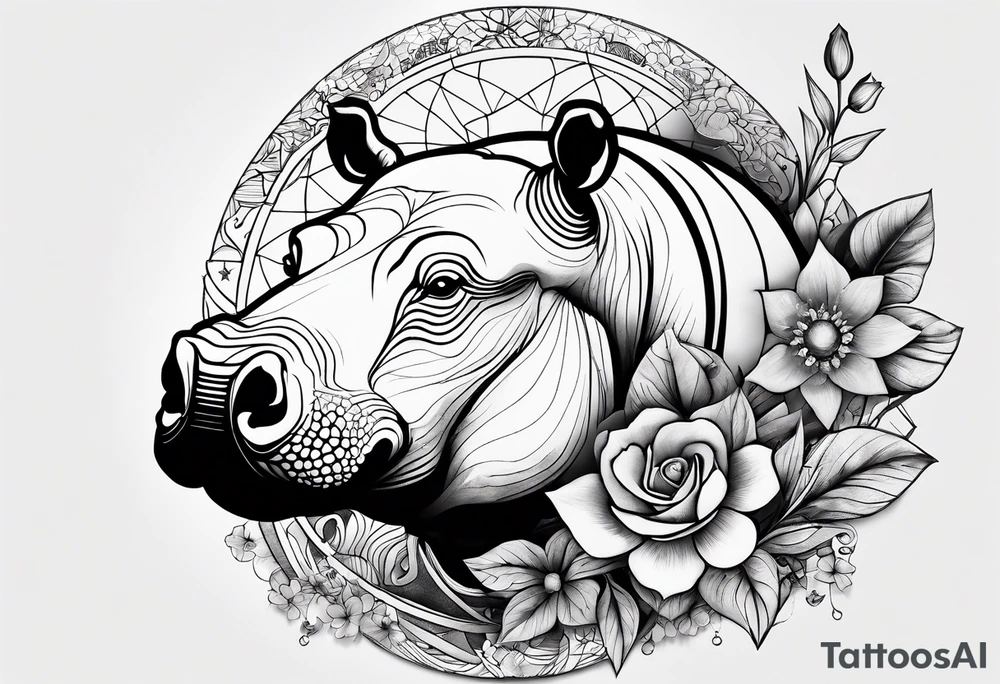 Hippo, flowers, moon, interstella , artic surreal, 
Extreme fine lines, +tribal, +geometric, develop from my favourites tattoo idea
