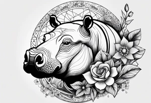 Hippo, flowers, moon, interstella , artic surreal, 
Extreme fine lines, +tribal, +geometric, develop from my favourites tattoo idea