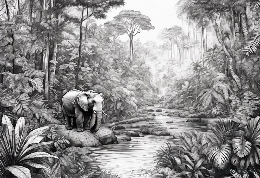 Rainforest with a lot of trees and animals roaming tattoo idea