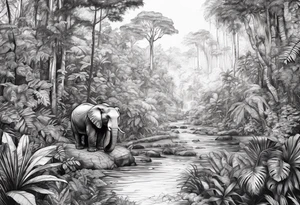 Rainforest with a lot of trees and animals roaming tattoo idea