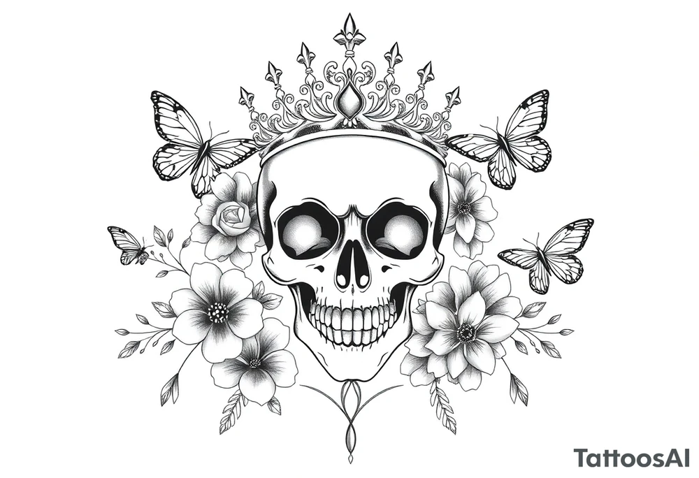 ornate skull adorned with gothic crown surrounded by boho flowers and butterflies tattoo idea