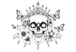 ornate skull adorned with gothic crown surrounded by boho flowers and butterflies tattoo idea