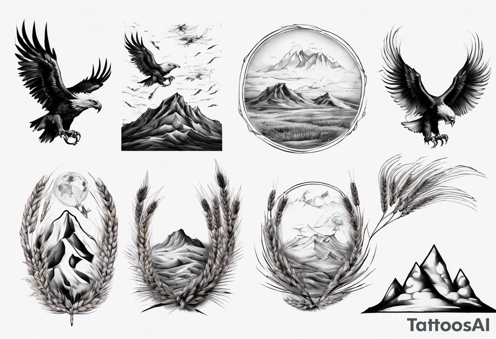mountains wheat eagle tattoo idea