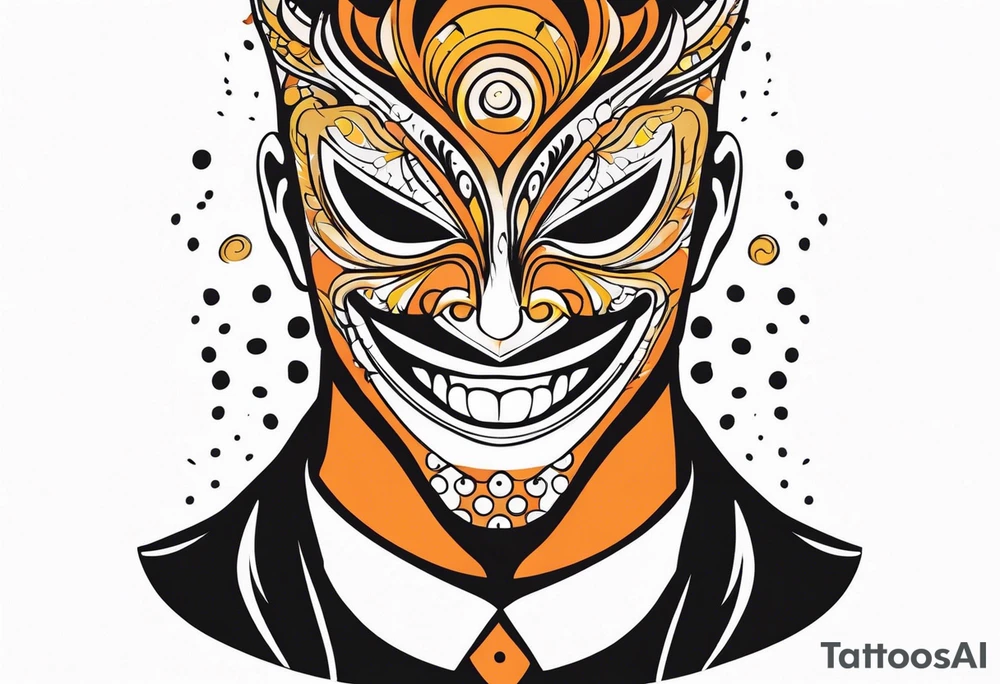 Laughing Male masquerade mask with orange and black circles tattoo idea